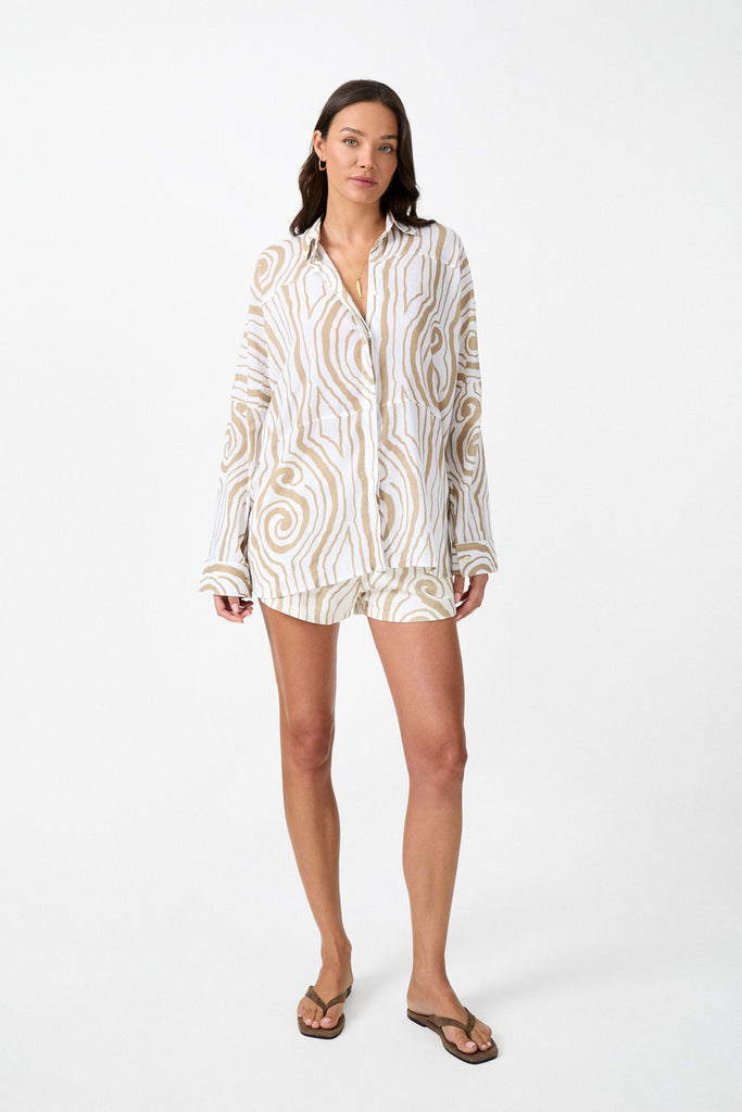 womens cotton crinkle cream print shirt front view