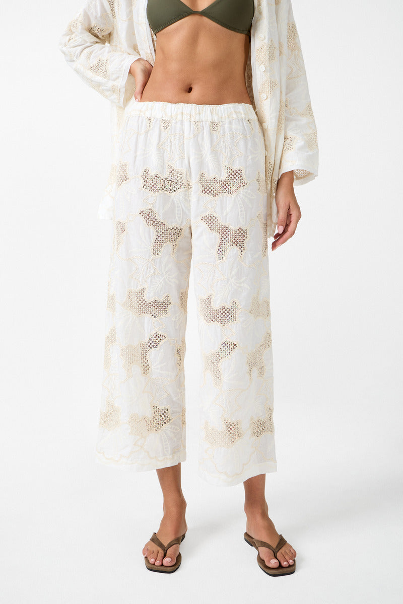 Womens cotton lace pant cream hue front view