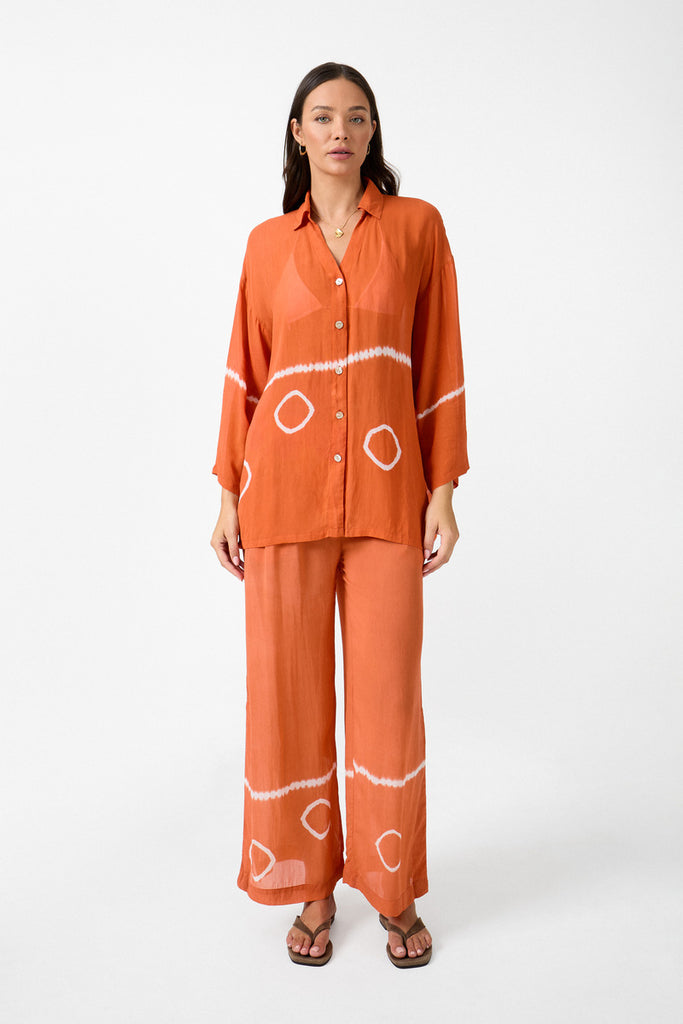 womens tie dye terracotta viscose shirt and pant front view