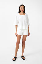 womens white cotton print tee front view