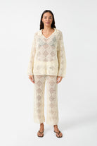 womens cream crochet cropped pant front view