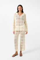 womens cream crochet cropped pant front view