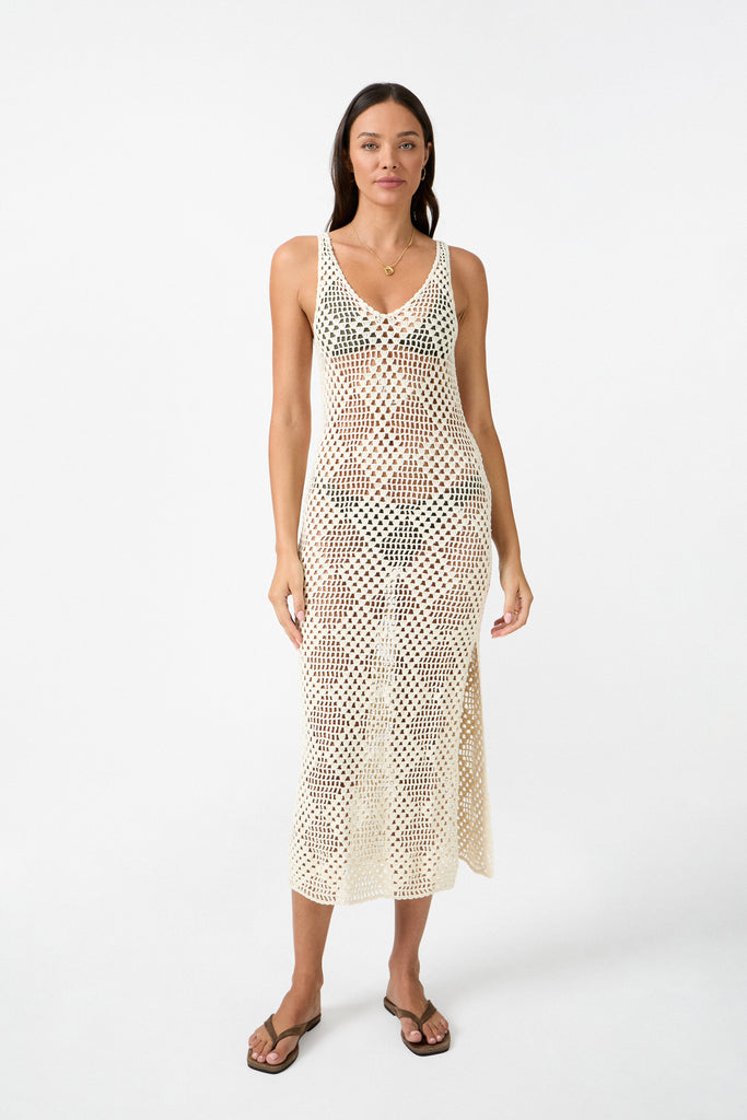 womens cream cotton crochet maxi dress front view