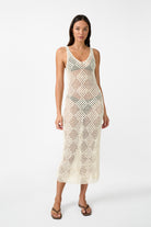 womens cream cotton crochet maxi dress front view
