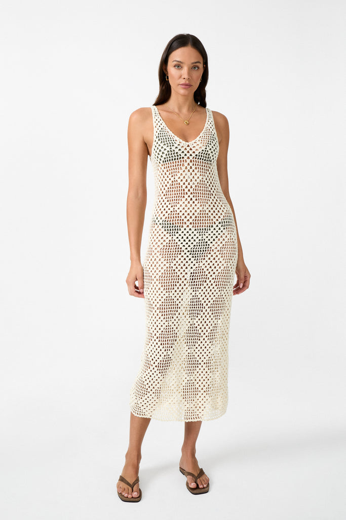 womens cream cotton crochet maxi dress front view
