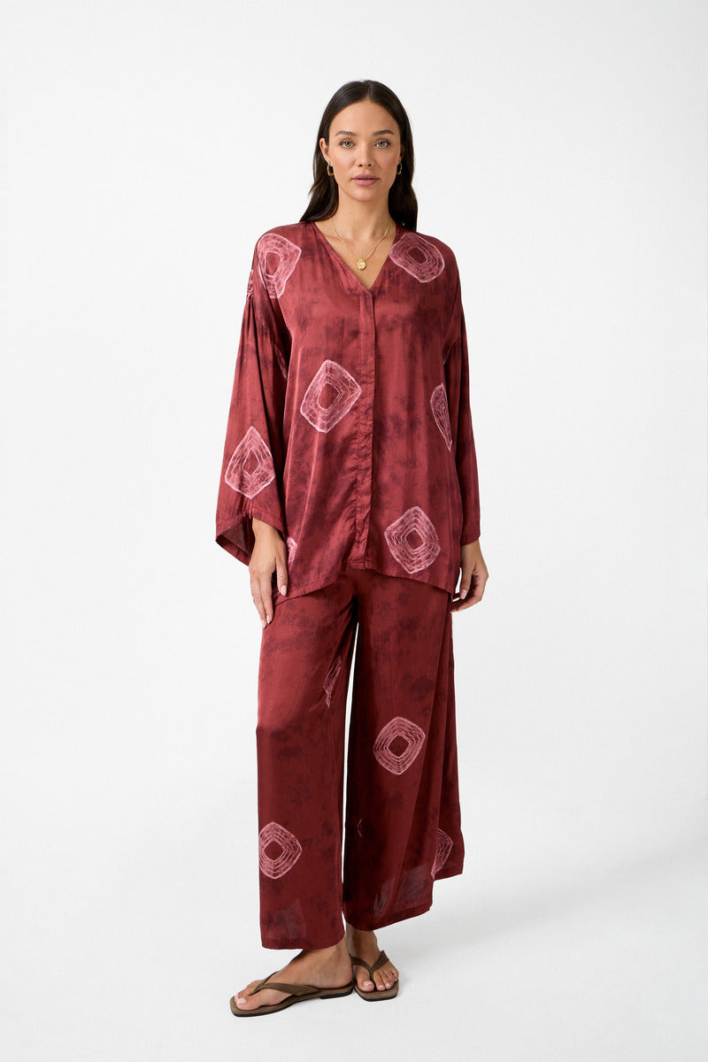 womens ruby tie dye viscose wide leg pant and shirt front view