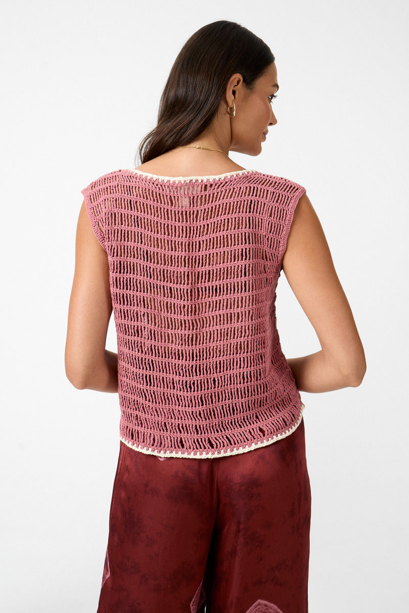 womens rose cotton crochet pink vest back view