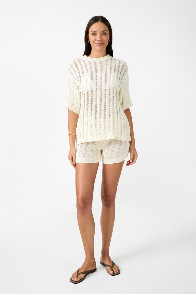 womens cotton cream crew neck knit tee front view