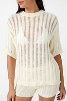 womens cotton cream crew neck knit tee close up view