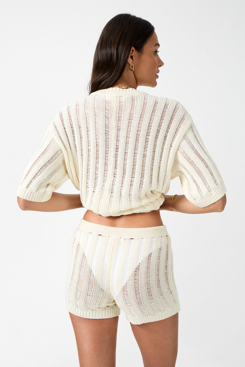 womens cotton cream knit short back view