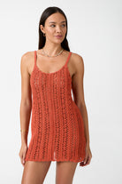 womens terracotta cotton crochet mini dress close up view