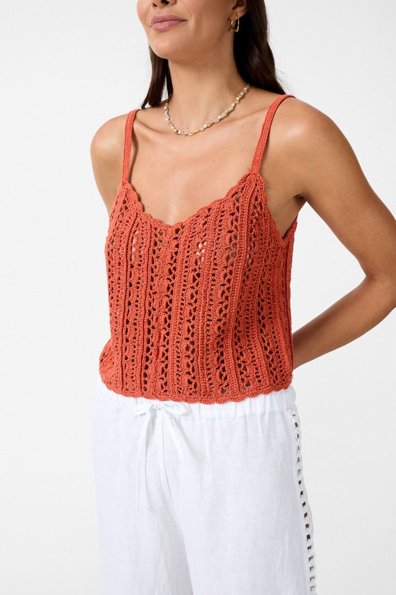 womens terracotta cotton crochet crop top side view