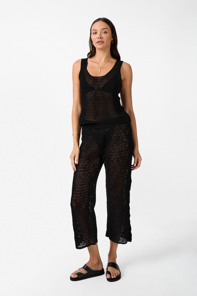 womens black cotton crochet tank top front view