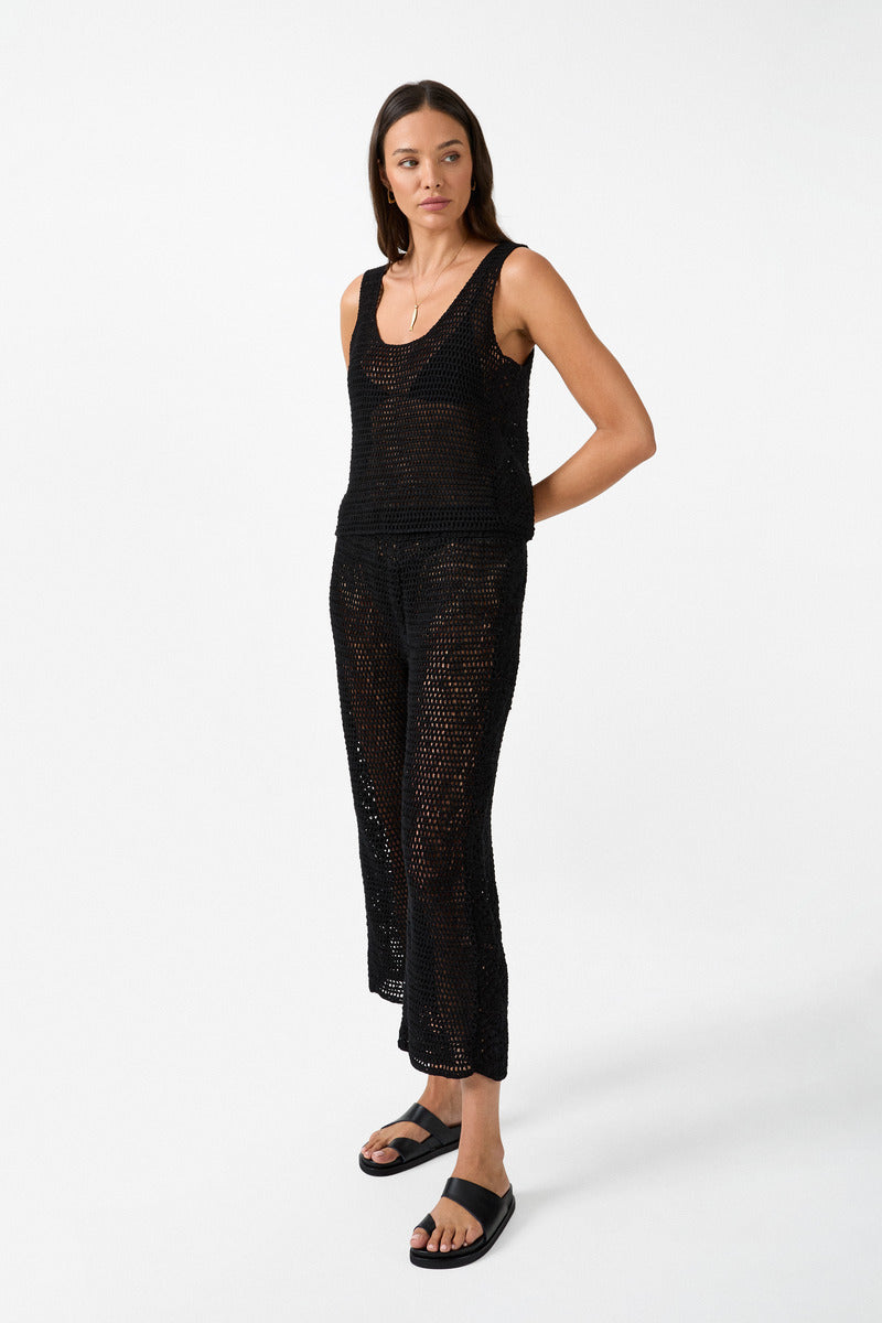 womens black cotton crochet pant front view