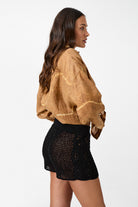 womens black cotton crochet short side view