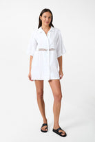 womens white linen crochet panel mini dress front view
