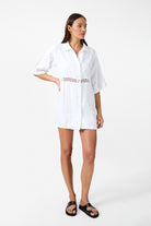 womens white linen crochet panel mini dress front view