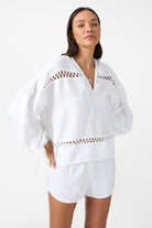 womens white cotton blouse with crochet detailing front view