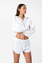 Womens white linen drawstring short front view
