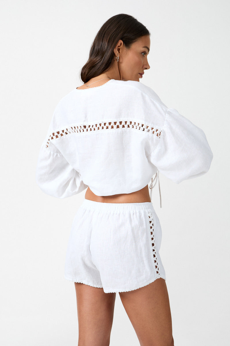 Womens white linen drawstring short back view