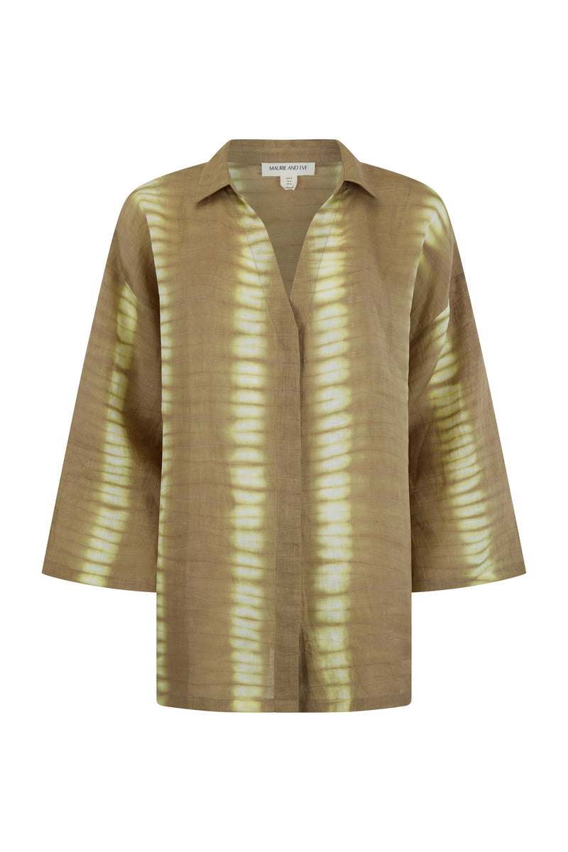 womens linen taupe tie dye shirt front view