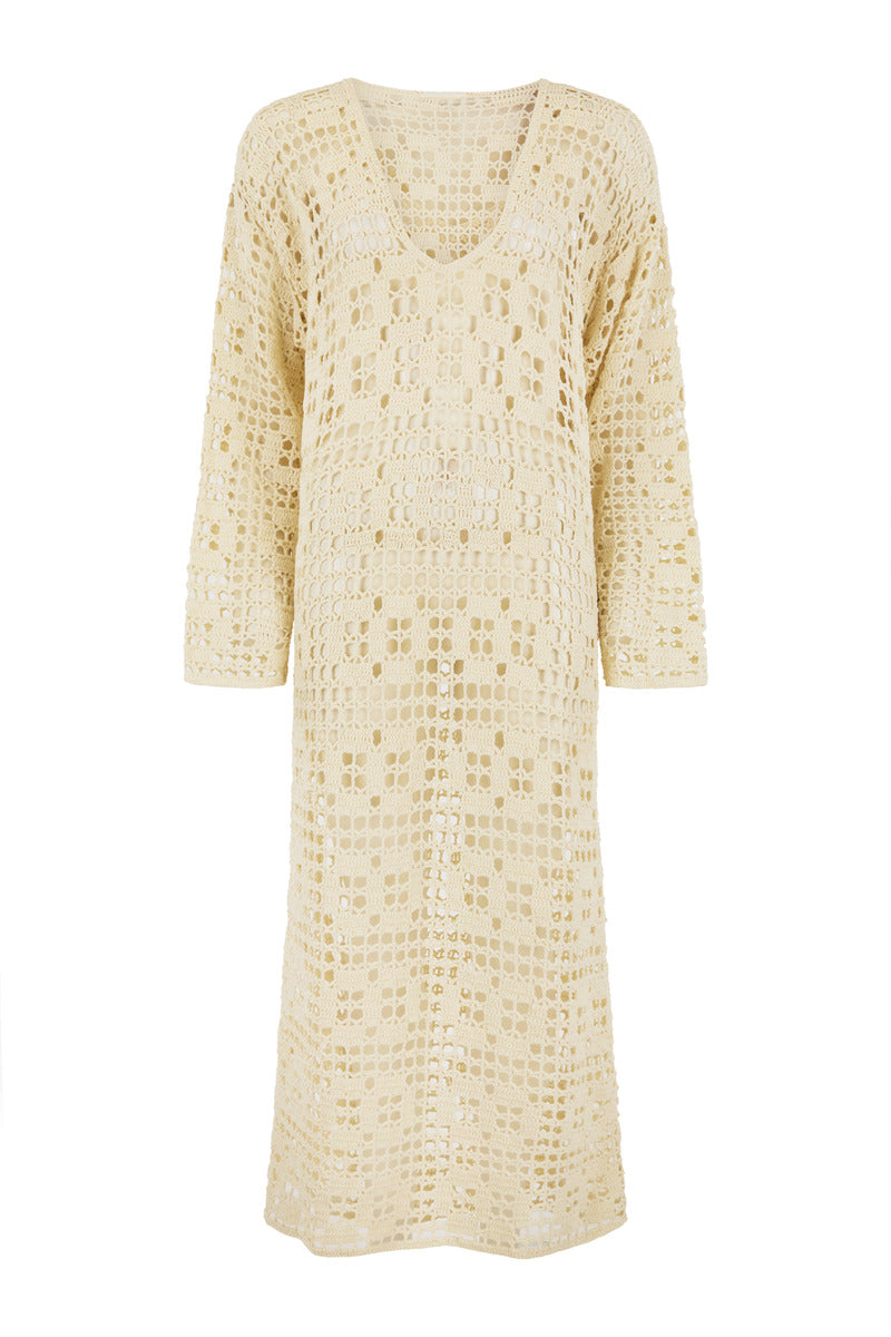 womens cream cotton crochet maxi dress front view