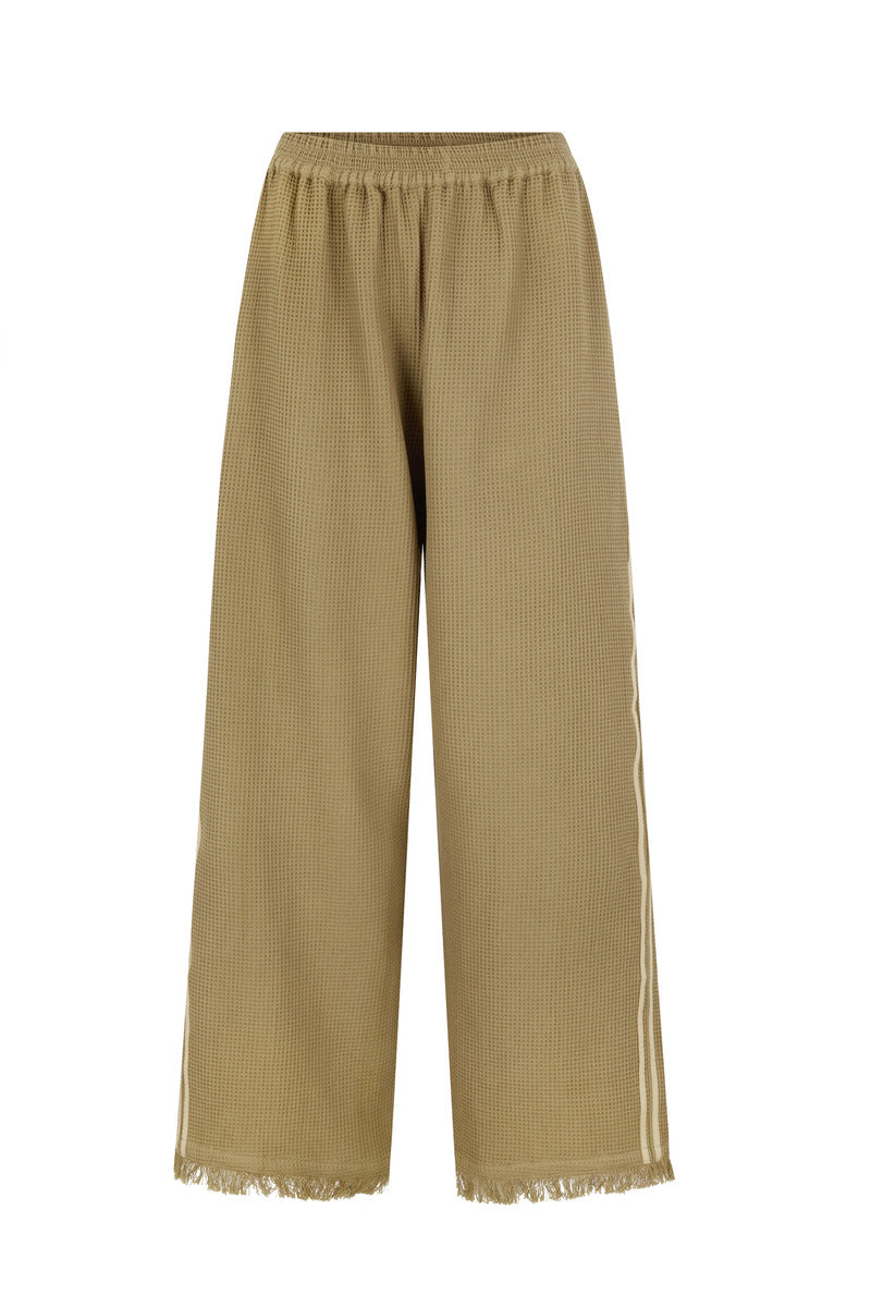 womens taupe cotton waffle pant with side stripe 