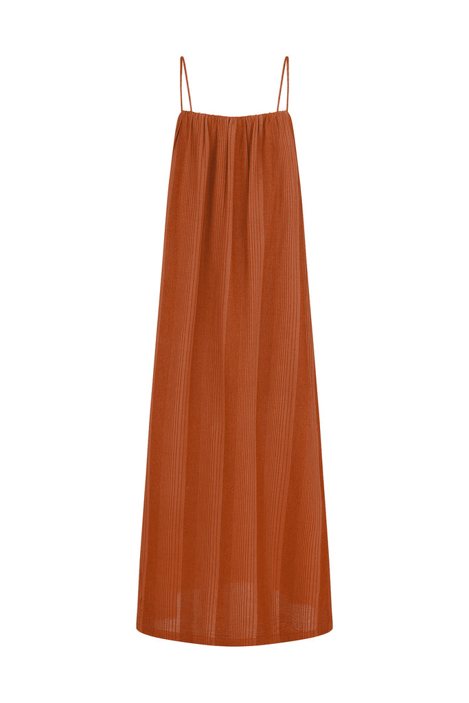 thin strap textured cotton maxi dress tan hue front view