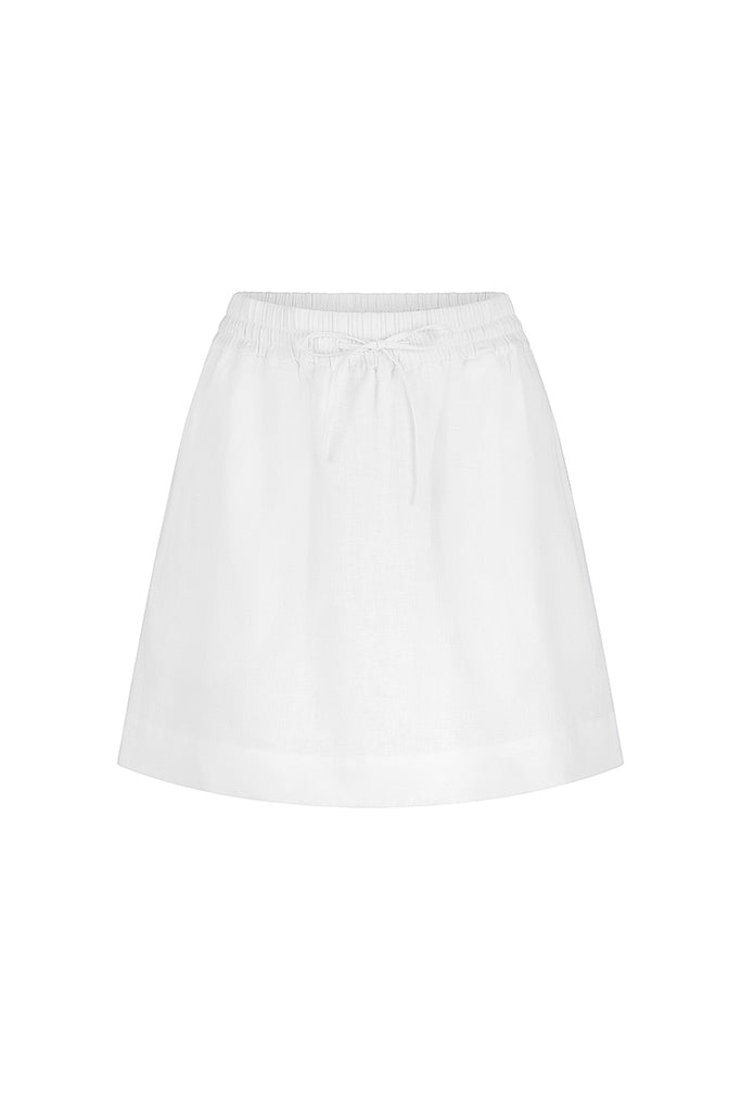 linen elasticated waist mini skirt white front view
