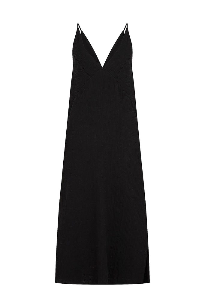 womens cotton slip midi dress black front view