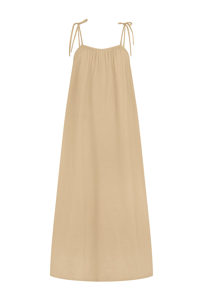 womens beige maxi dress with adjustable tie sides front view 