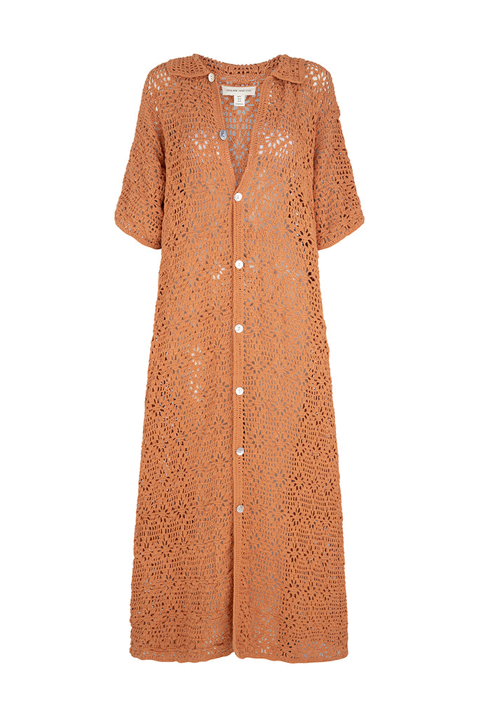 women's rust button up crochet maxi dress front view 