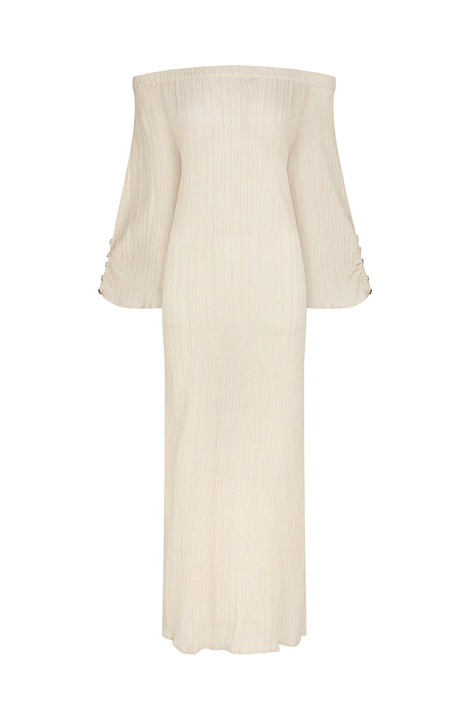 womens off shoulder taupe maxi dress texture front view