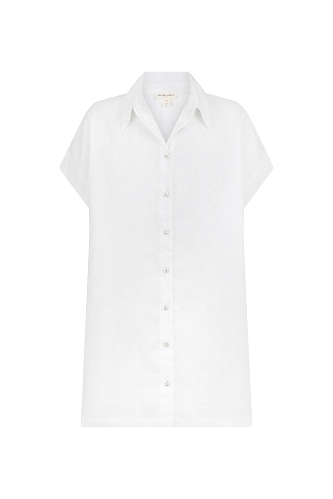 collared linen mini dress button up front view 