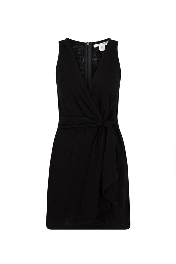 womens black sleeveless mini dress wrap feature front view