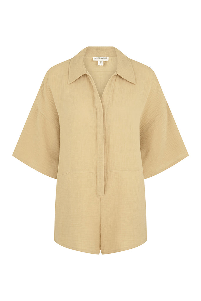 womens collared jumpsuit yellow hue front view 