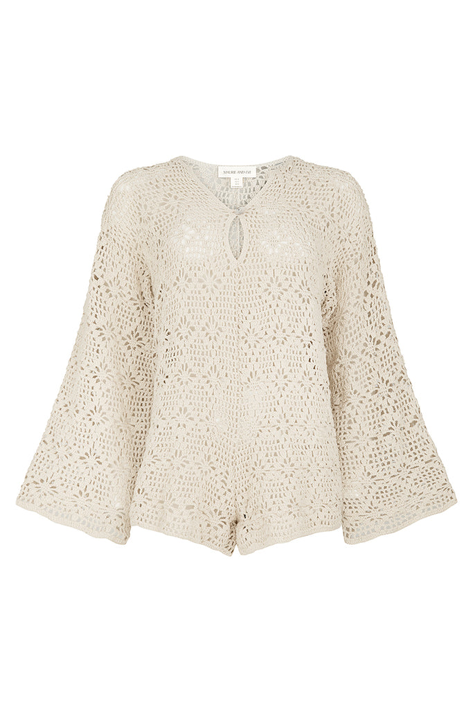 womens beige long sleeve crochet jumpsuit front view