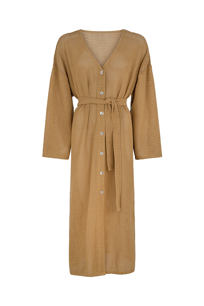 womens cotton netting  button up maxi dress caramel front view