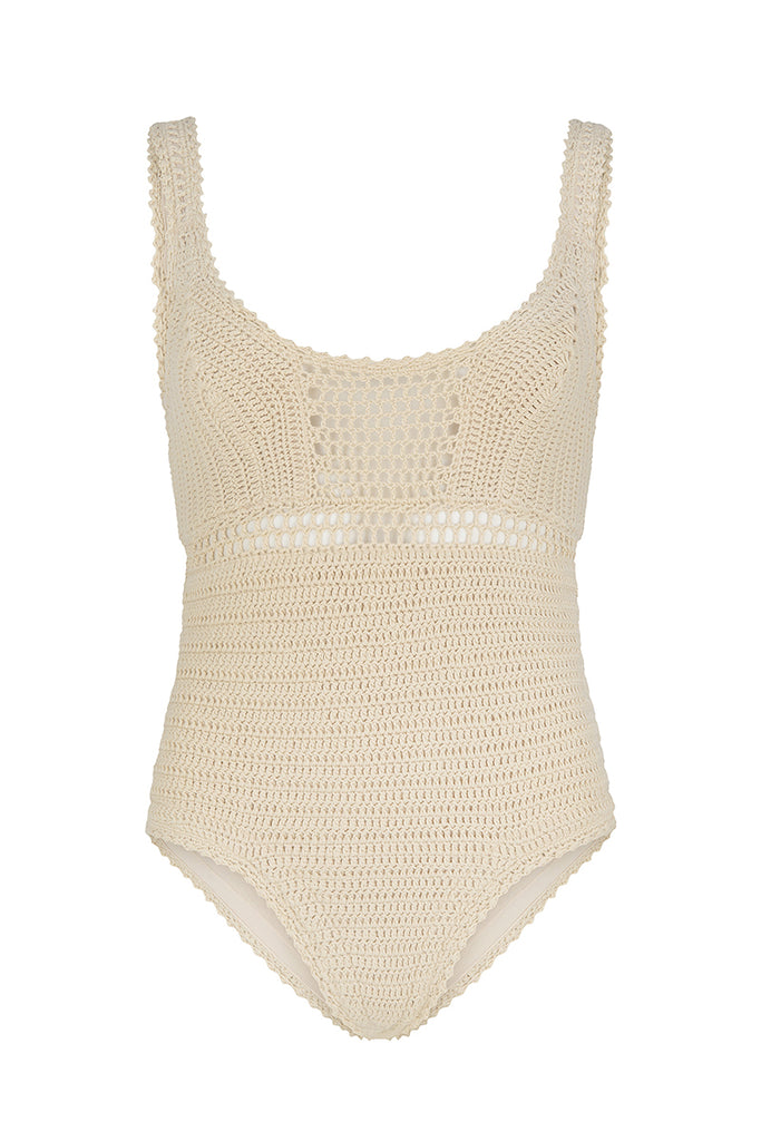 crochet beige one piece front view