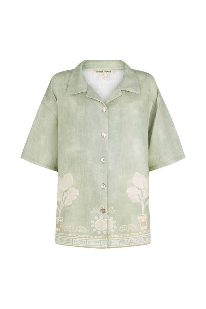 womens cotton shirt green garden print front view