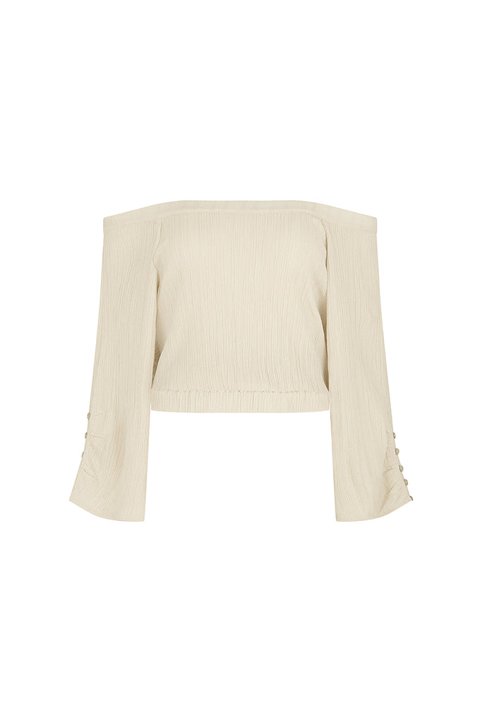 womens off shoulder top taupe texture with button detailing front view