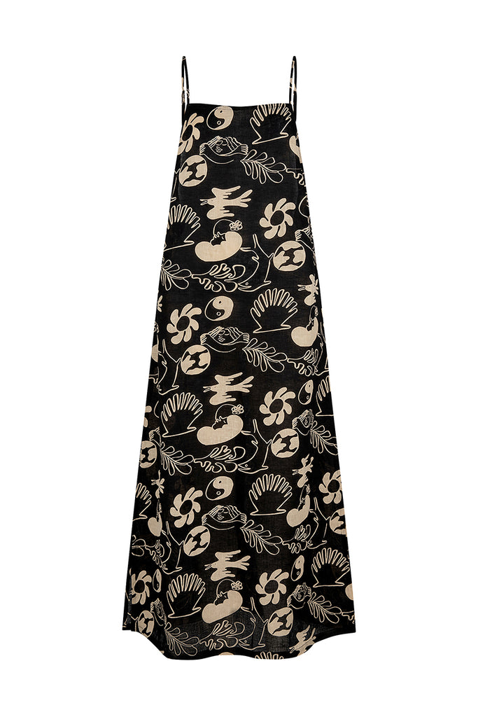 womens thin strap maxi dress charcoal print front view