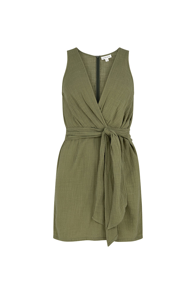 womens sage sleeveless mini dress wrap feature front view