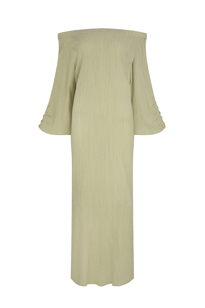 womens off the shoulder maxi dress sage texture front view 