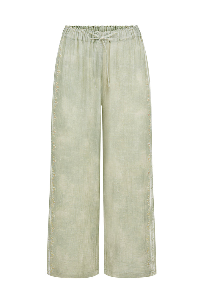 womens cotton pant elasticated waist green garden print front view