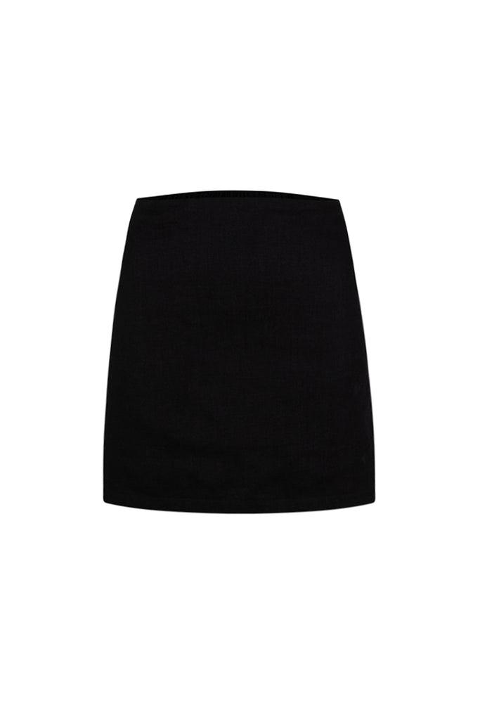 womens strapless black linen top front view