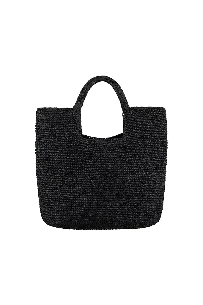 womens natural woven grass bag black front view