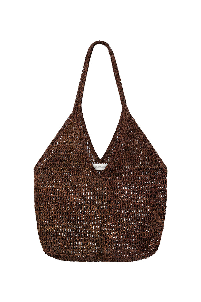 womens woven bag chocolate hue front view