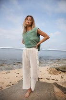 womens white cotton crochet pant with teal tank top