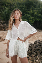 women's white cotton crochet shirt with artist print short